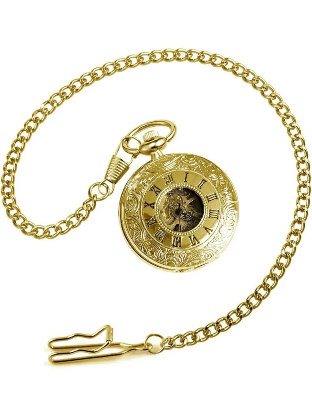 Vintage Mechanical Pocket Watch for Men, Hand-Wind Skeleton Design with Chain